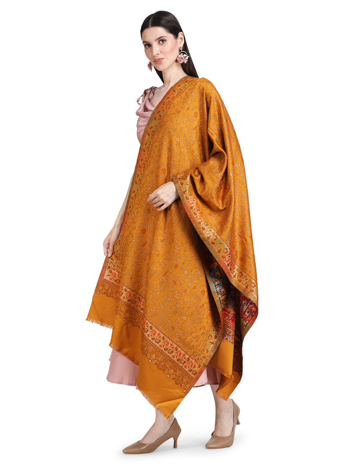 Mustard Floral Zari Modal Wool Stole - 384