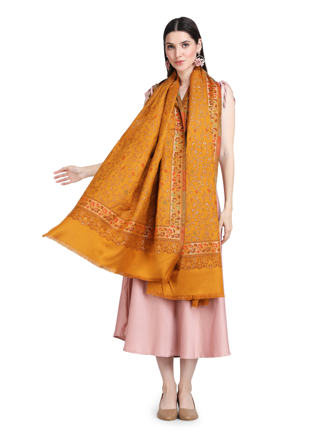 Mustard Floral Zari Modal Wool Stole - 384