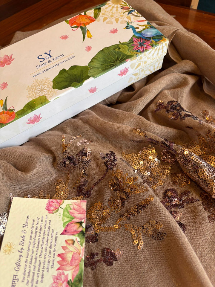Chocolate Brown Floral Sequins Fine Wool Stole -393