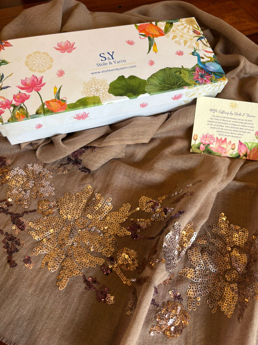 Chocolate Brown Floral Sequins Fine Wool Stole -393