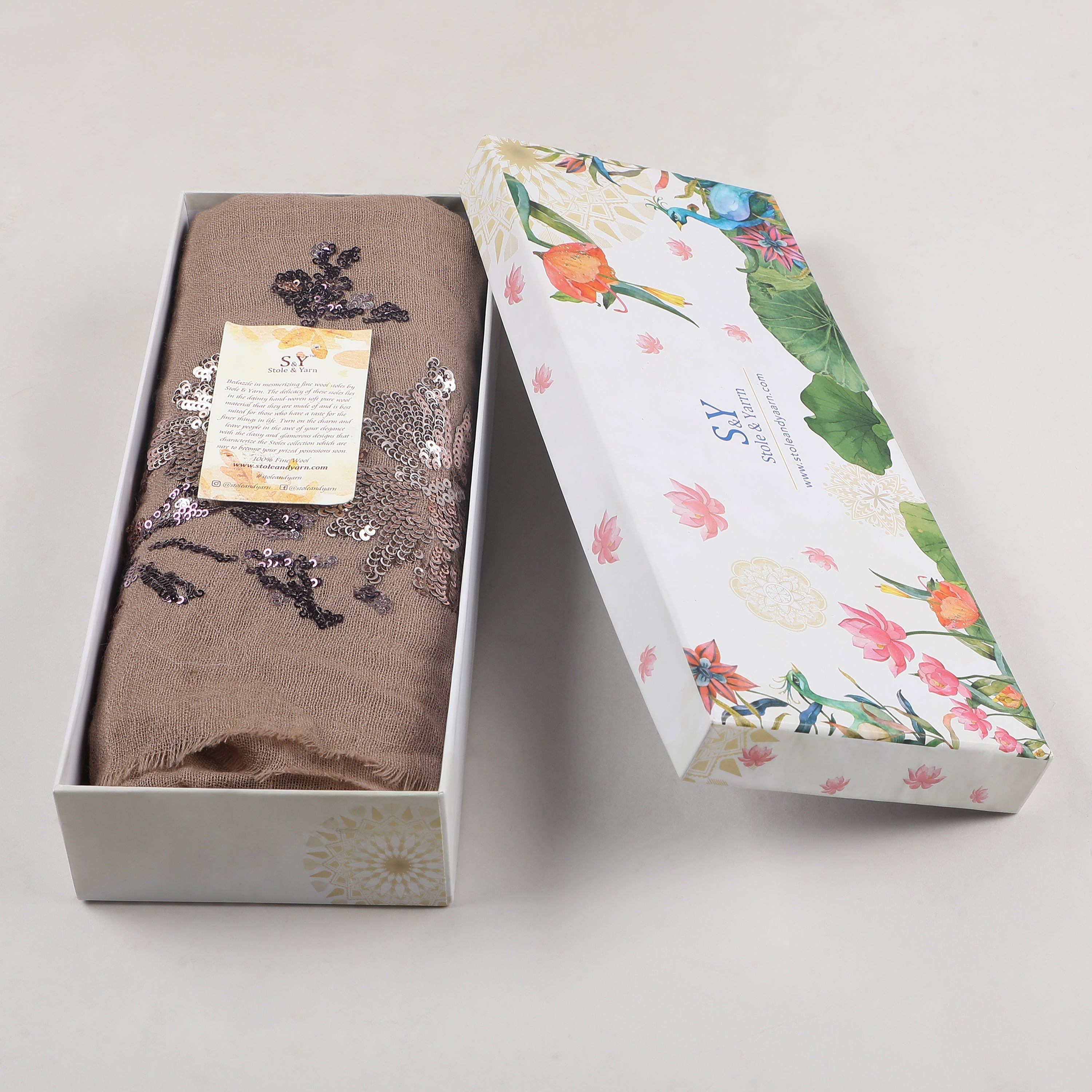 Chocolate Brown Floral Sequins 100% Fine Wool Stole -393