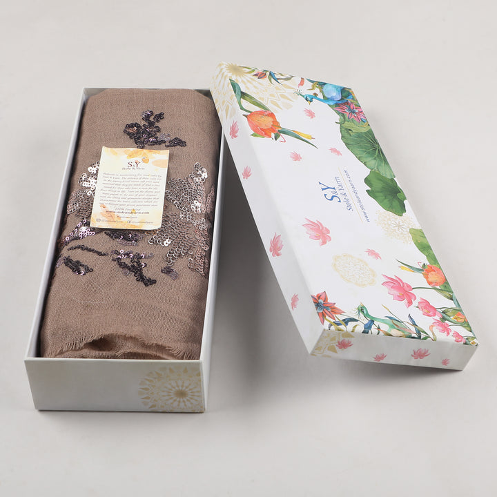 Chocolate Brown Floral Sequins 100% Fine Wool Stole -393