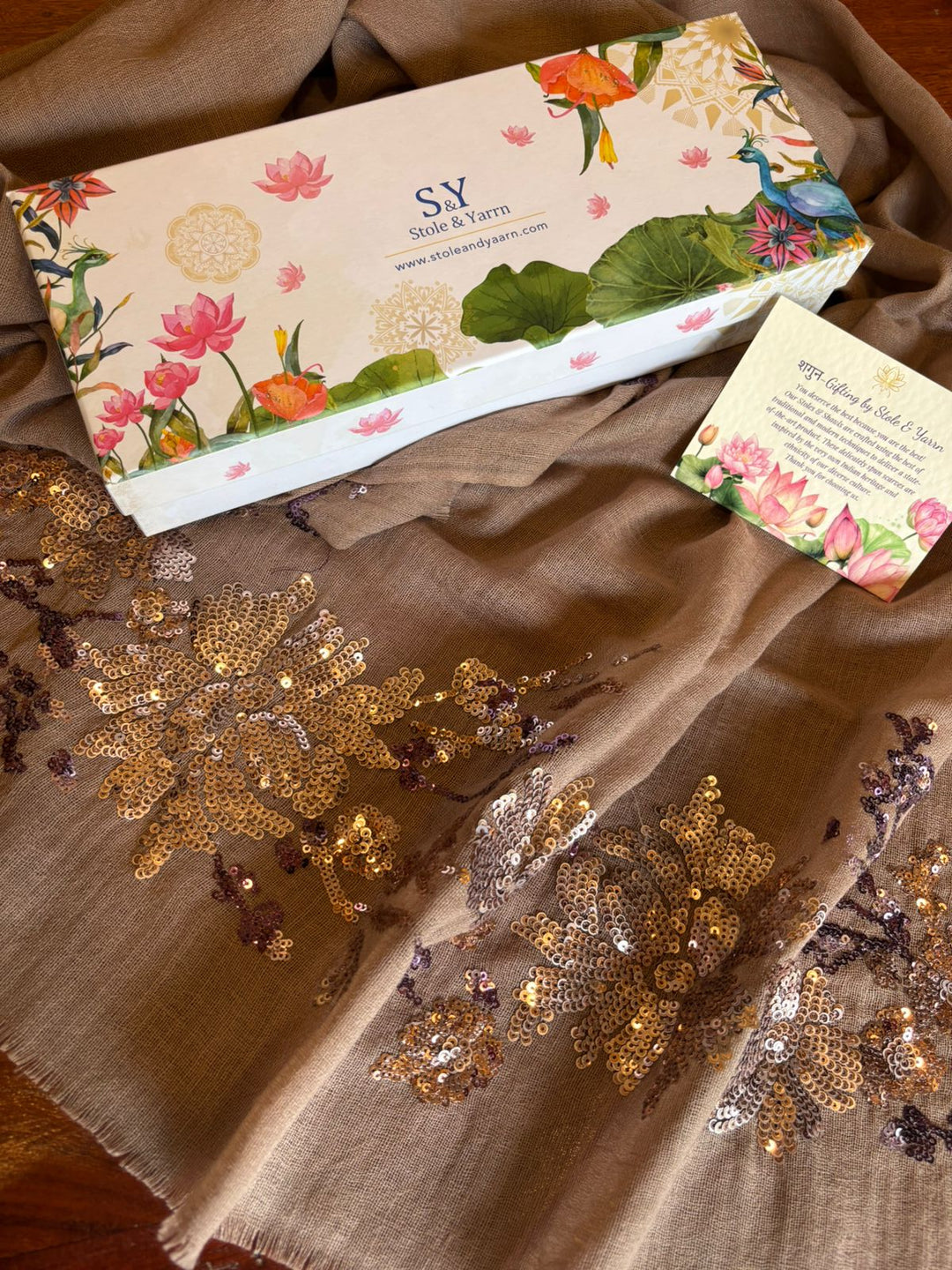 Chocolate Brown Floral Sequins Fine Wool Stole -393