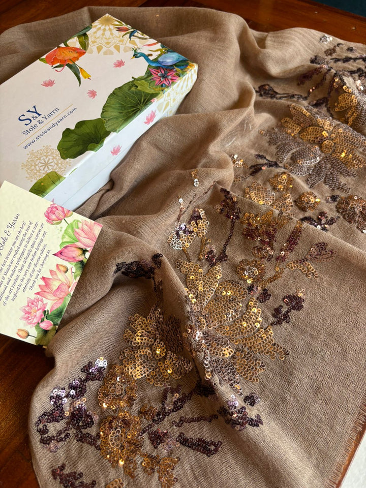 Chocolate Brown Floral Sequins Fine Wool Stole -393