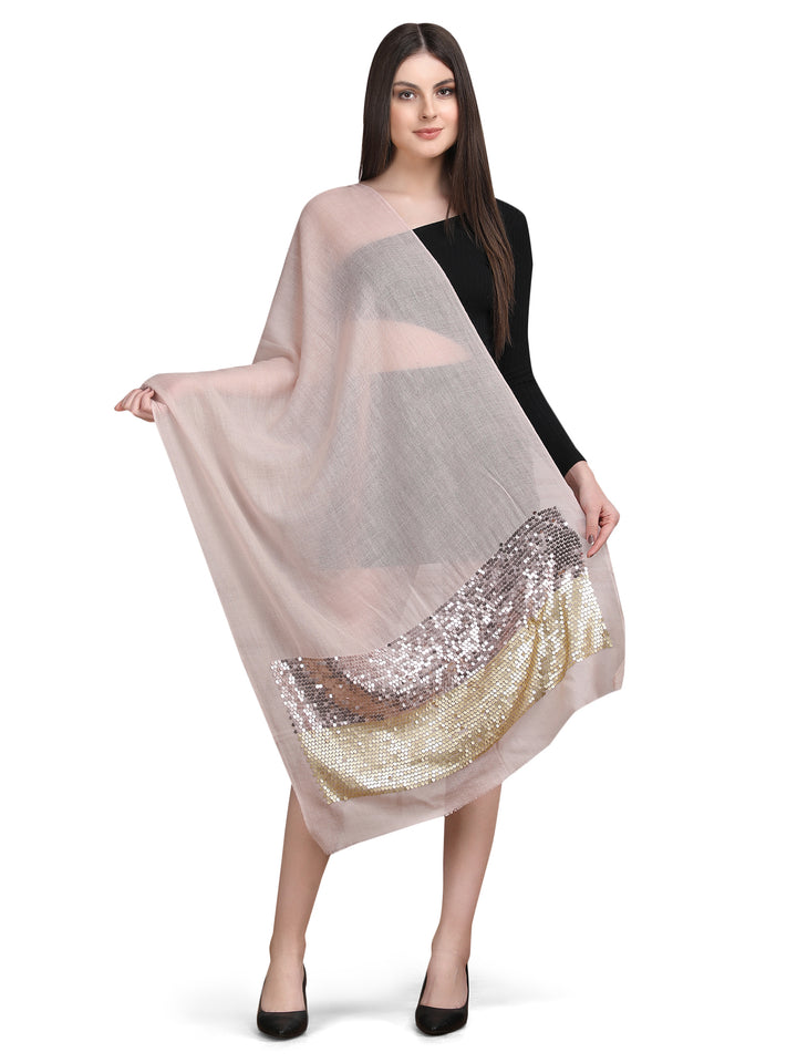 Pink Sequin Border Fine Wool Stole - 394