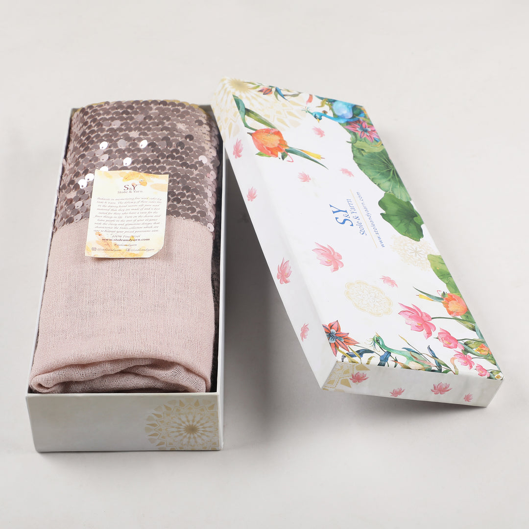 Pink Sequin Border Fine Wool Stole - 394