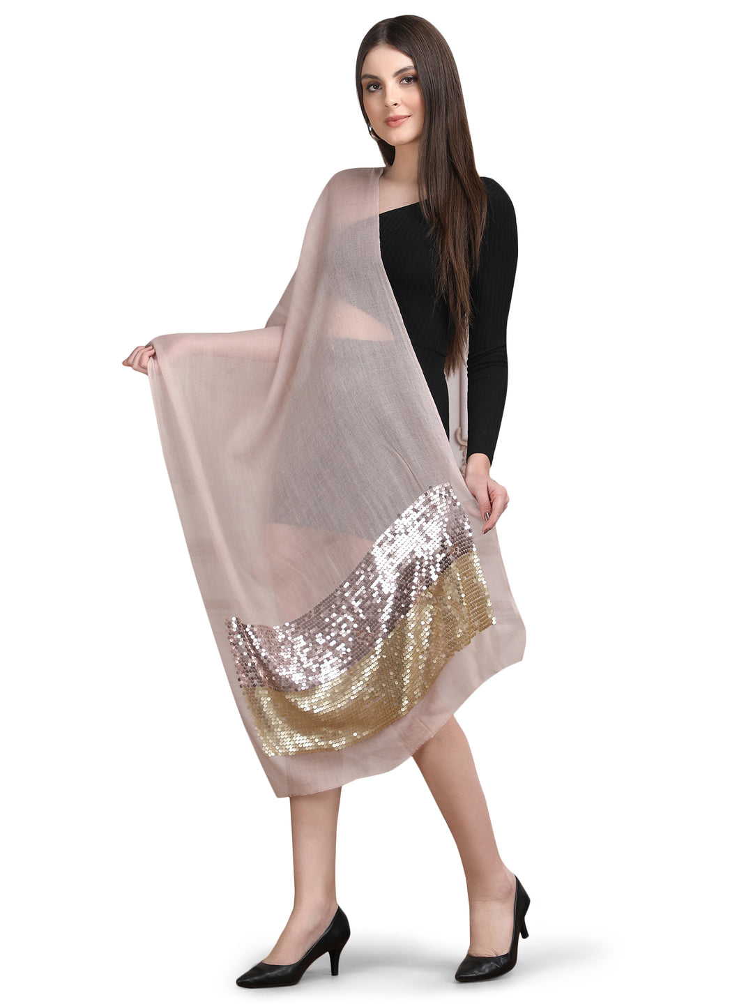 Pink Sequin Border Fine Wool Stole - 394