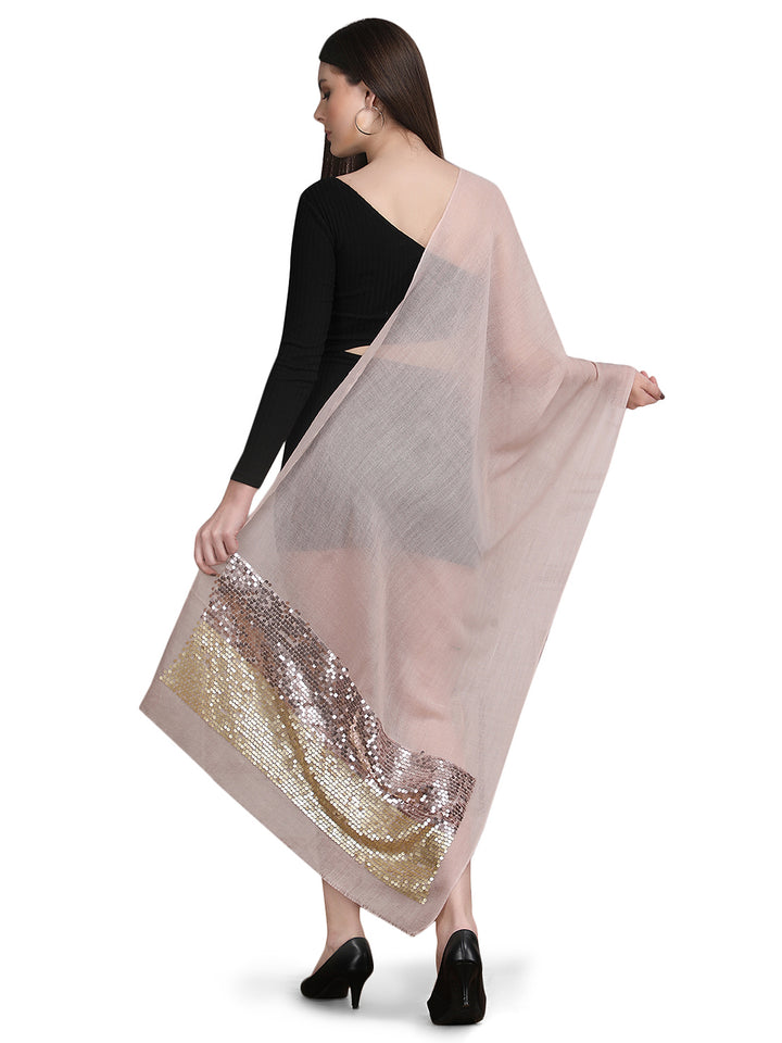 Pink Sequin Border Fine Wool Stole - 394