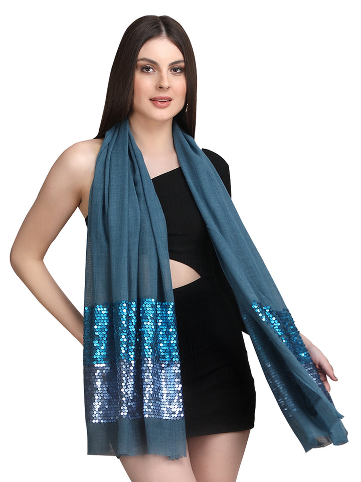 Blue Sequin Border Fine Wool Stole - 395