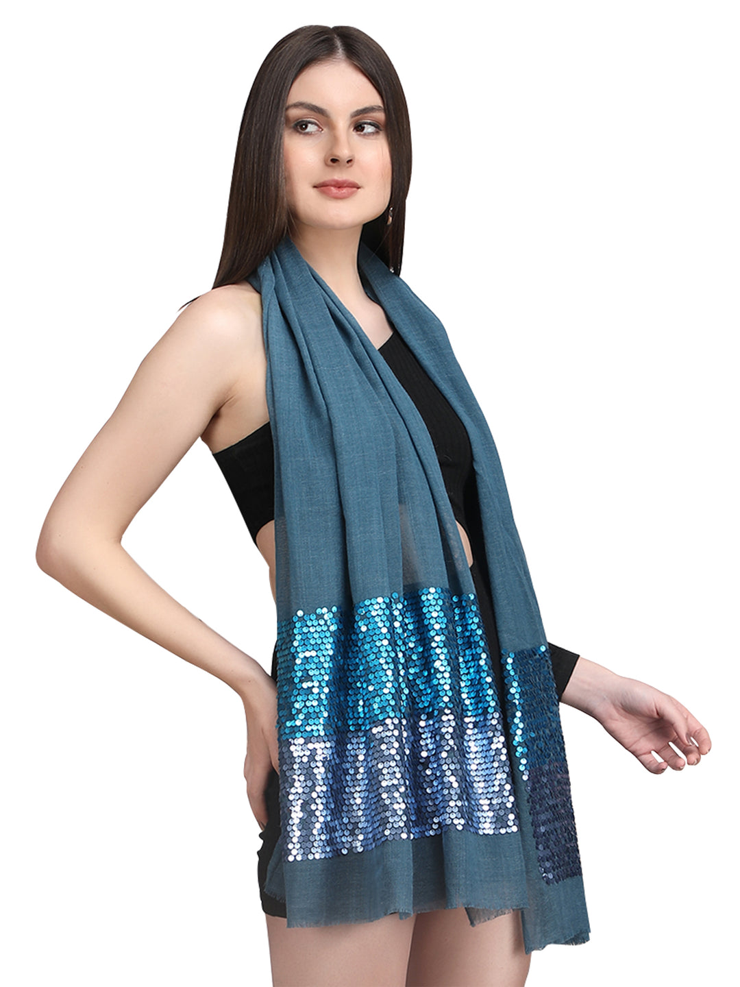 Blue Sequin Border Fine Wool Stole - 395
