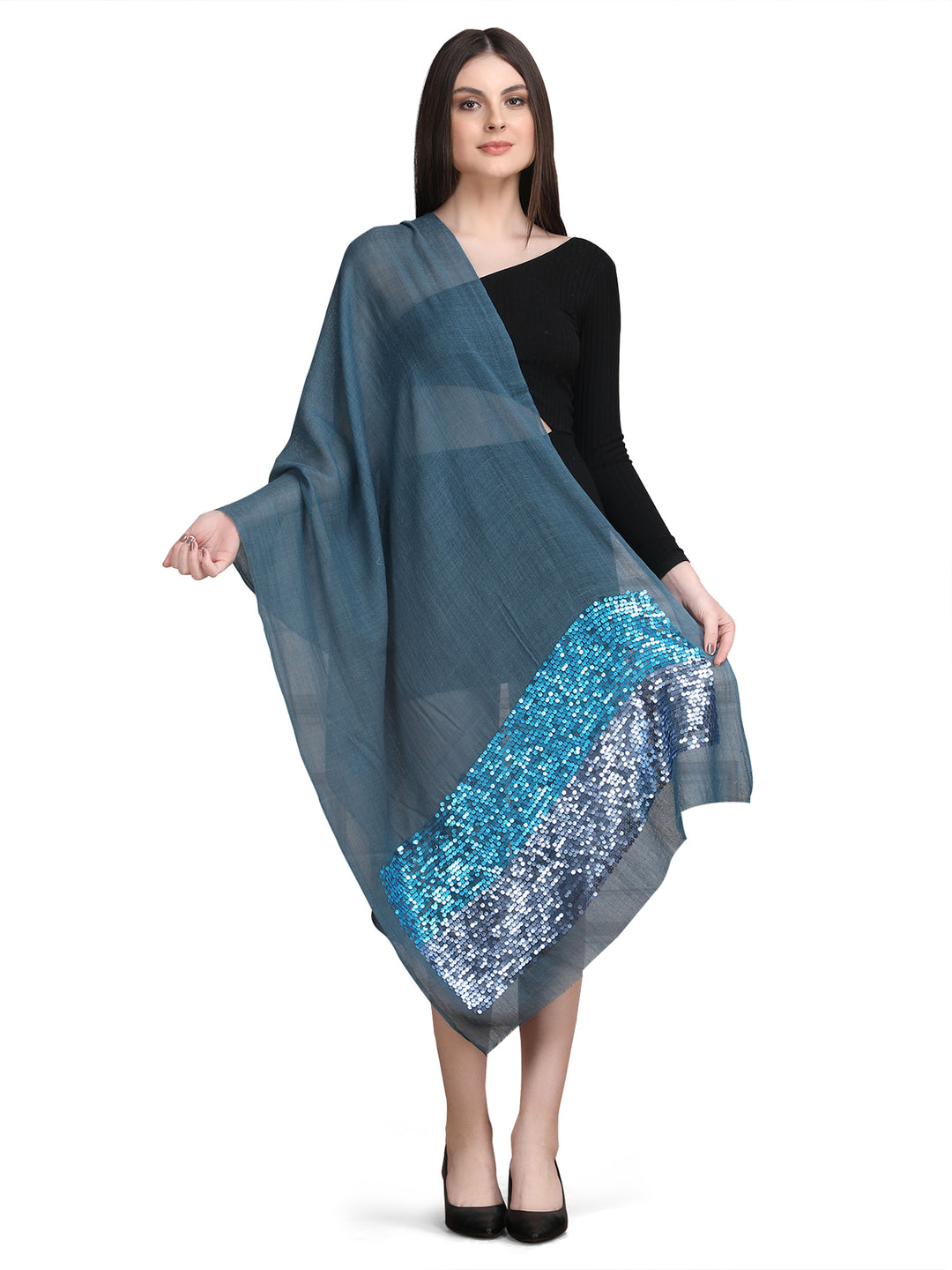Blue Sequin Border Fine Wool Stole - 395