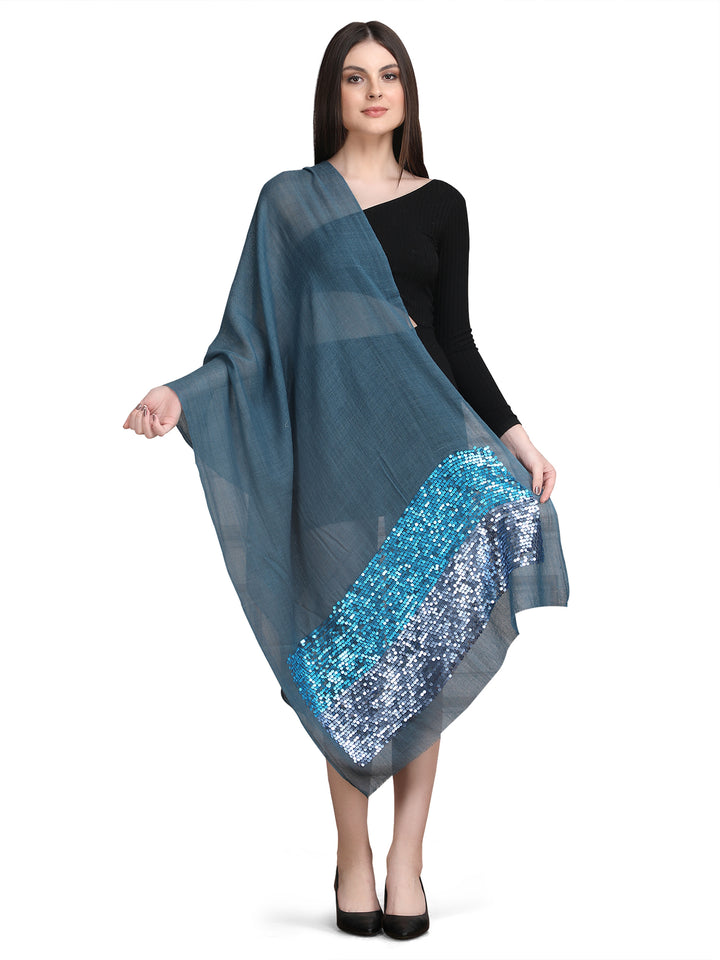 Blue Sequin Border Fine Wool Stole - 395