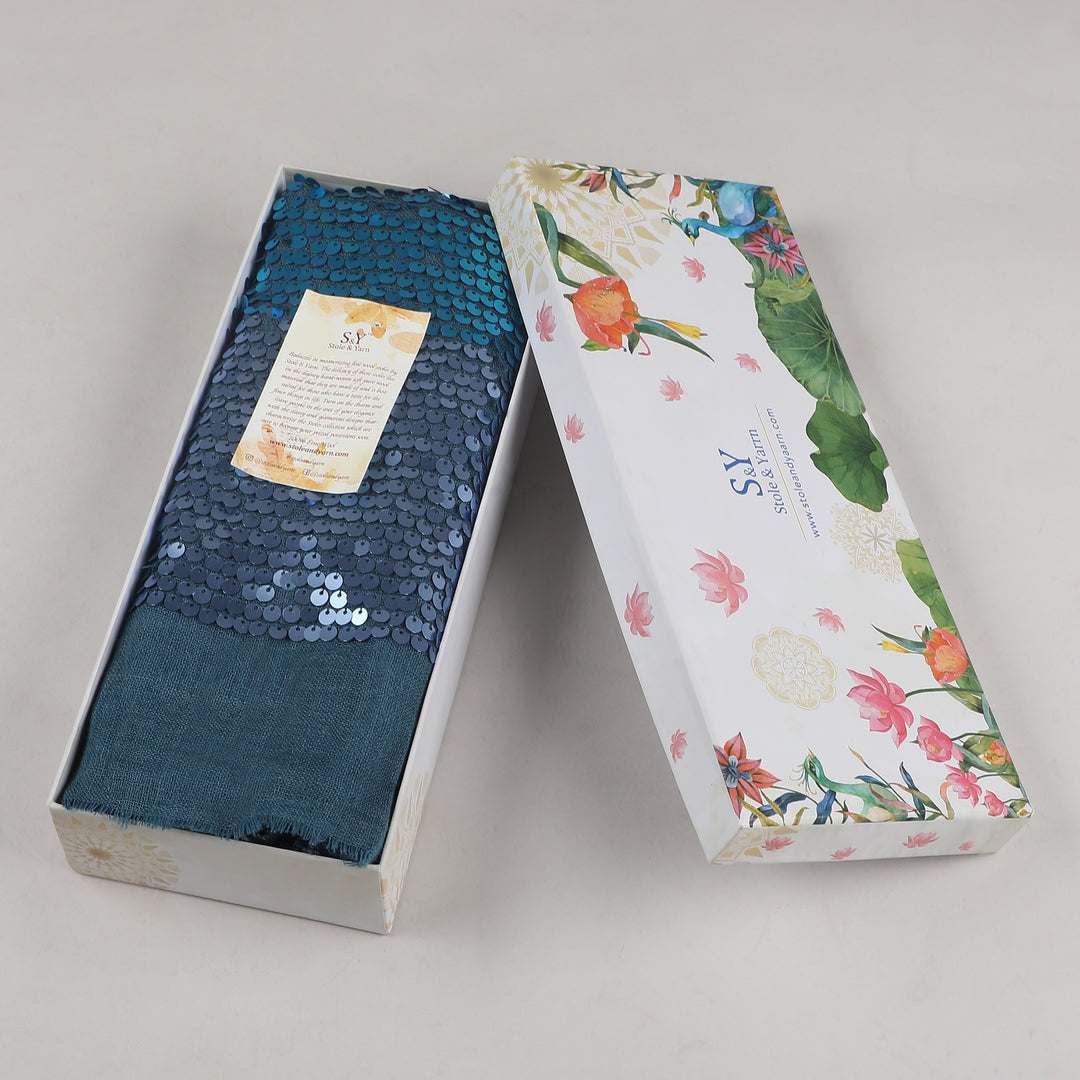 Blue Sequin Border Fine Wool Stole - 395