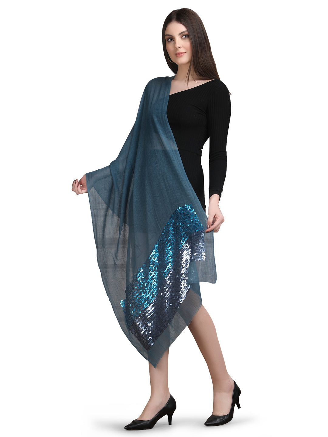 Blue Sequin Border Fine Wool Stole - 395