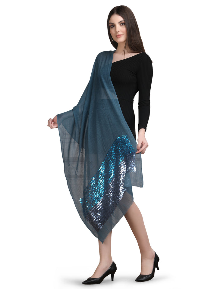 Blue Sequin Border Fine Wool Stole - 395