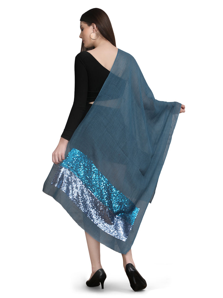 Blue Sequin Border Fine Wool Stole - 395