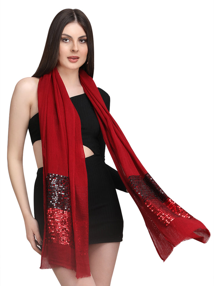 Maroon Sequin Border Fine Wool Stole - 396
