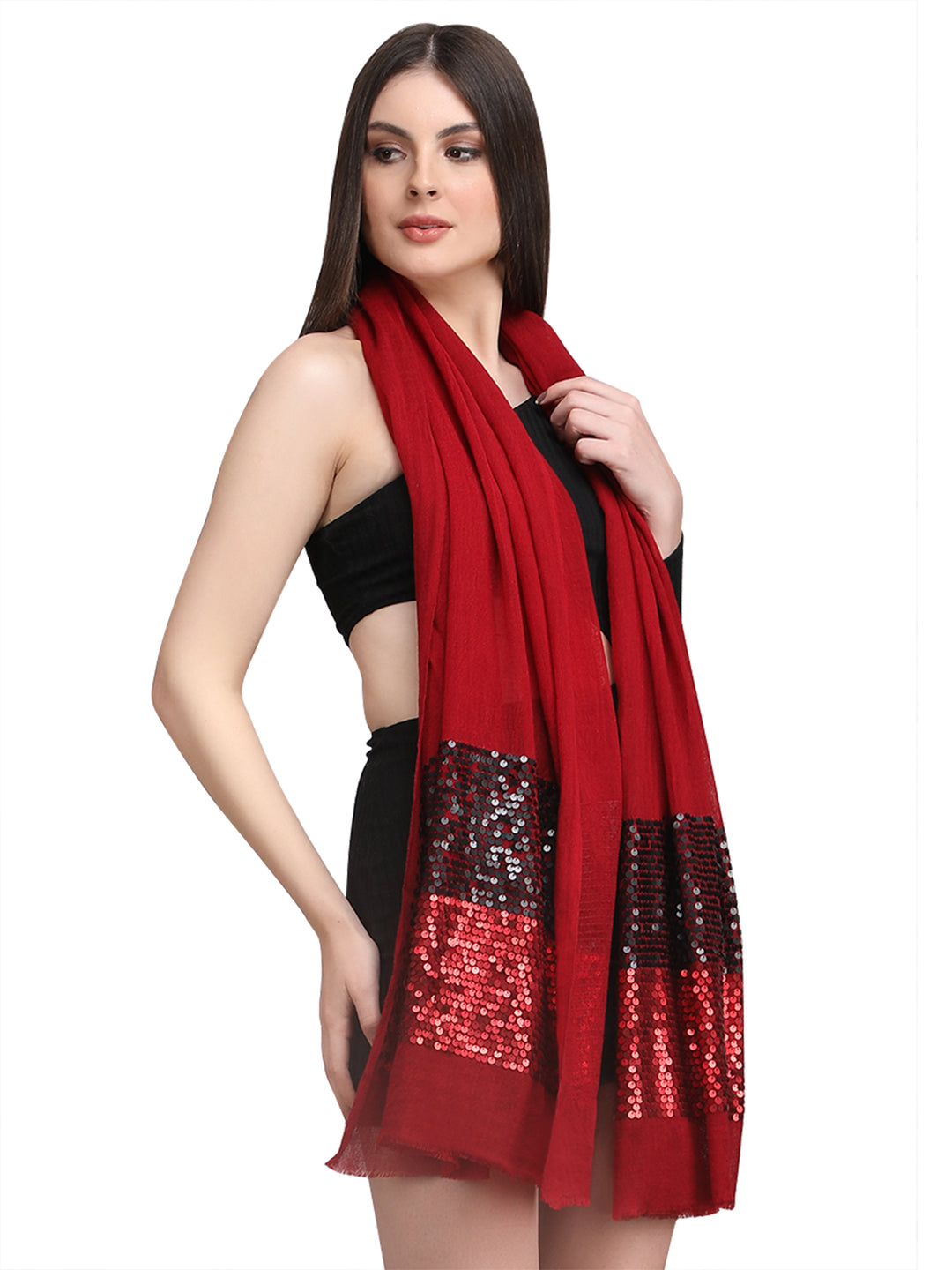 Maroon Sequin Border Fine Wool Stole - 396