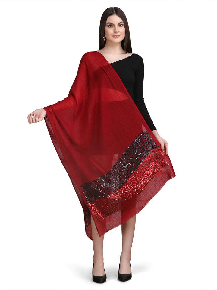 Maroon Sequin Border Fine Wool Stole - 396