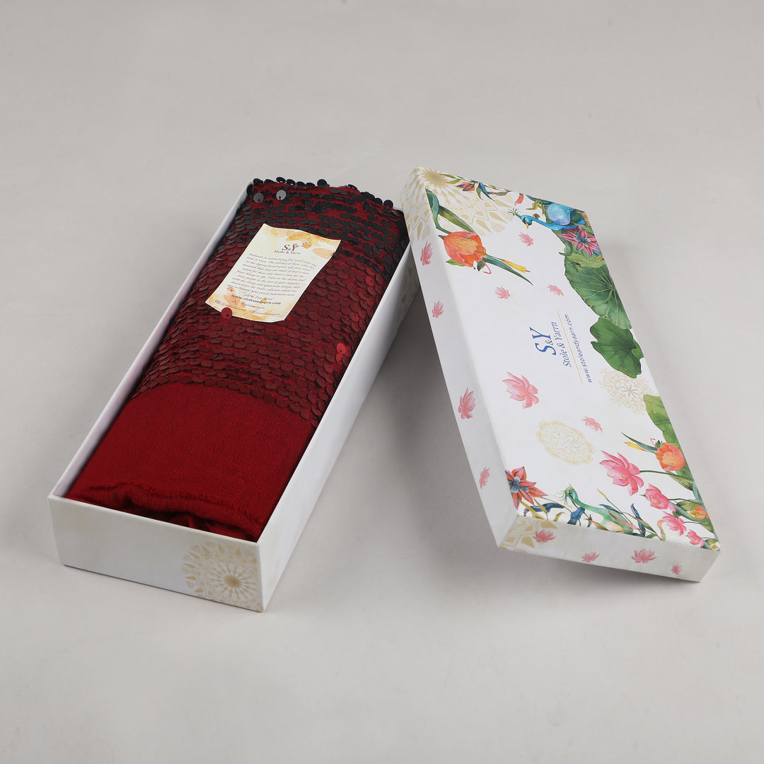 Maroon Sequin Border Fine Wool Stole - 396