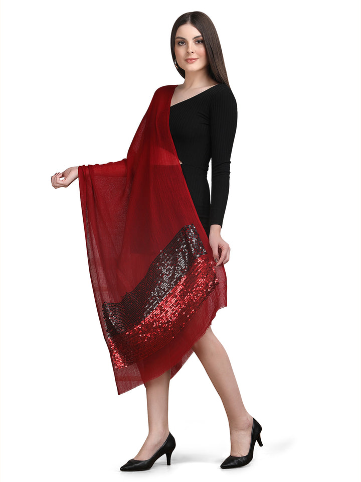 Maroon Sequin Border Fine Wool Stole - 396