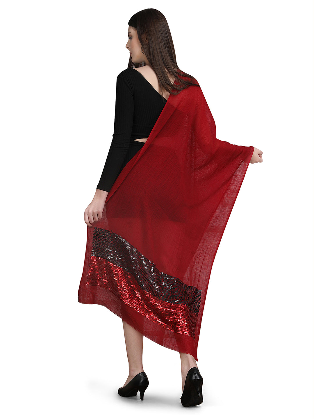 Maroon Sequin Border Fine Wool Stole - 396