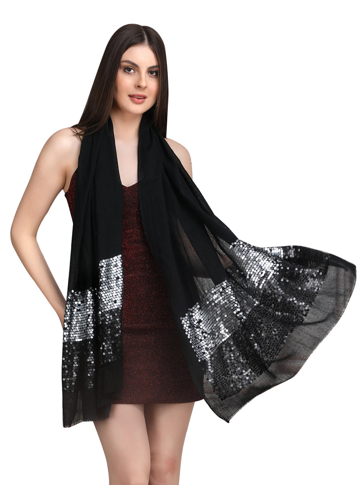 Black Sequin Border Fine Wool Stole - 397