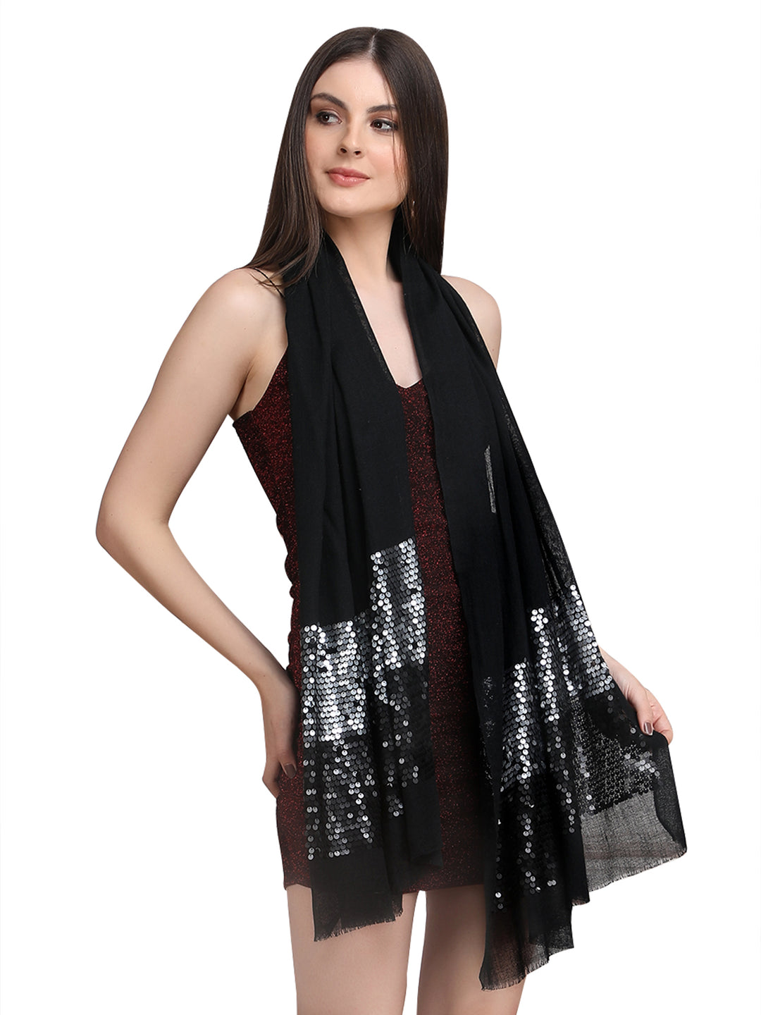 Black Sequin Border Fine Wool Stole - 397