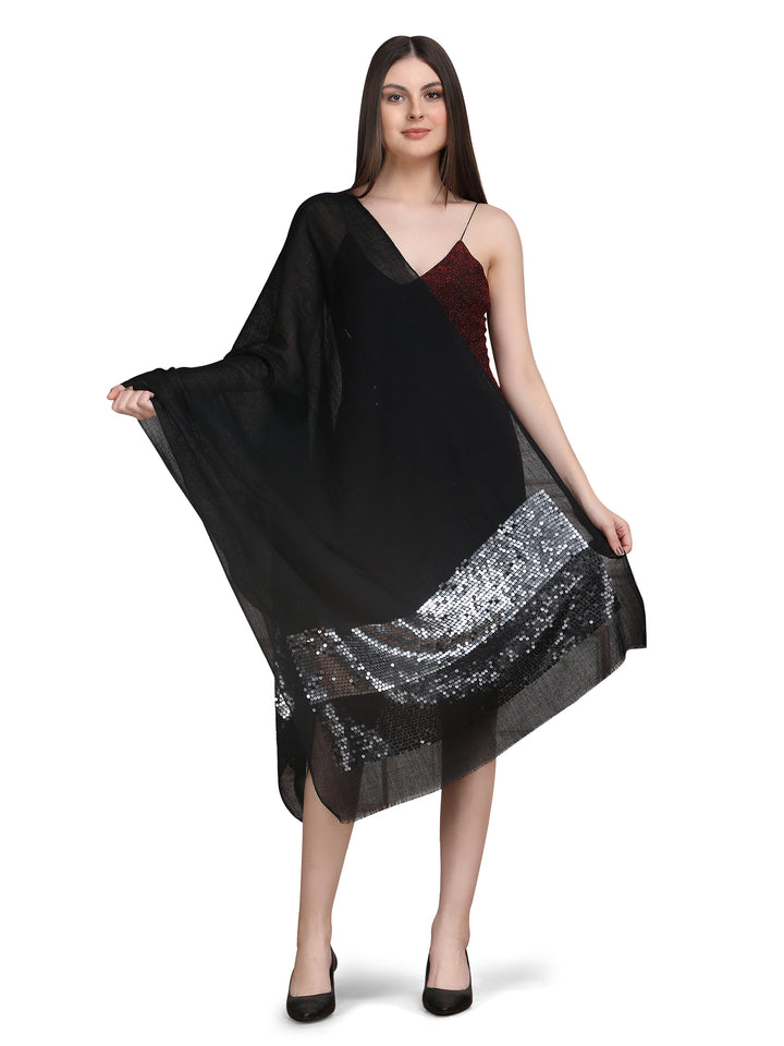 Black Sequin Border Fine Wool Stole - 397