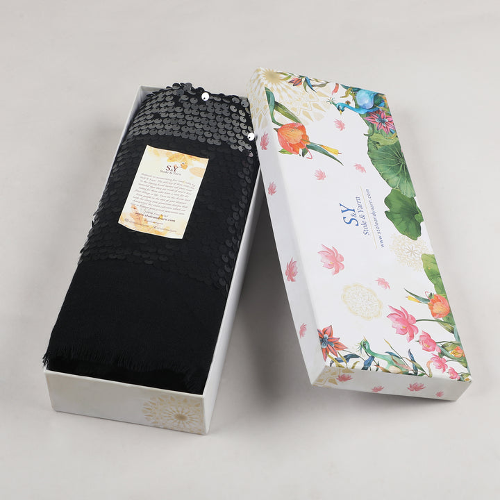 Black Sequin Border Fine Wool Stole - 397