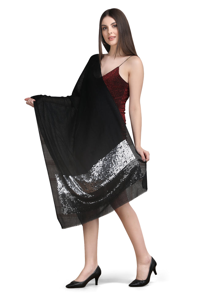 Black Sequin Border Fine Wool Stole - 397