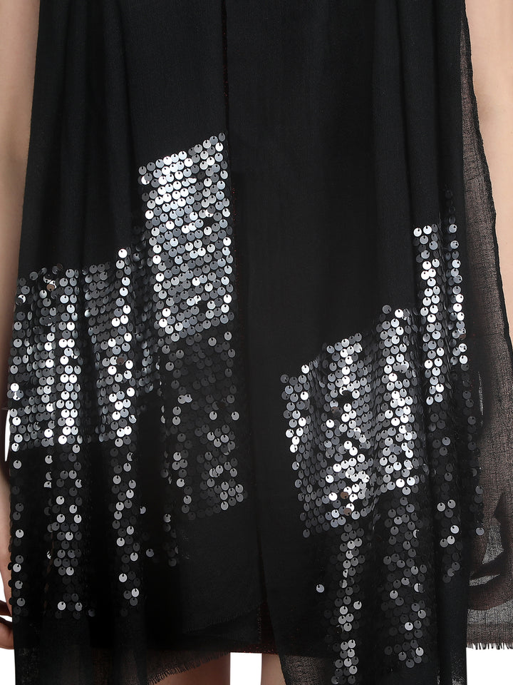 Black Sequin Border Fine Wool Stole - 397