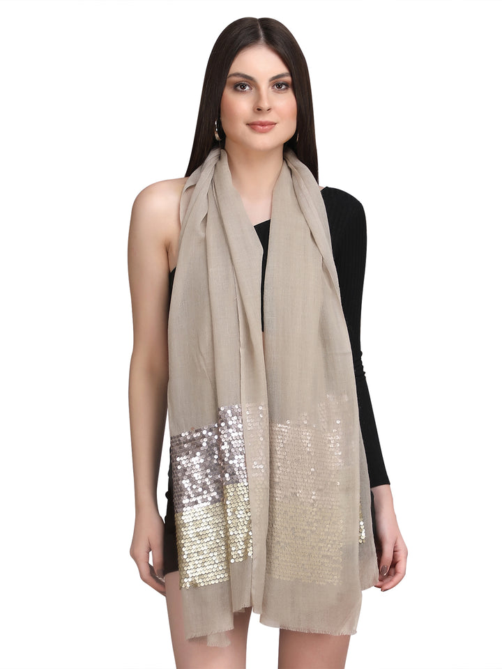 Beige Sequin Border 100% Fine Wool Stole - 398