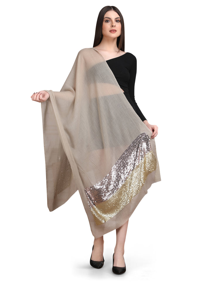 Beige Sequin Border 100% Fine Wool Stole - 398