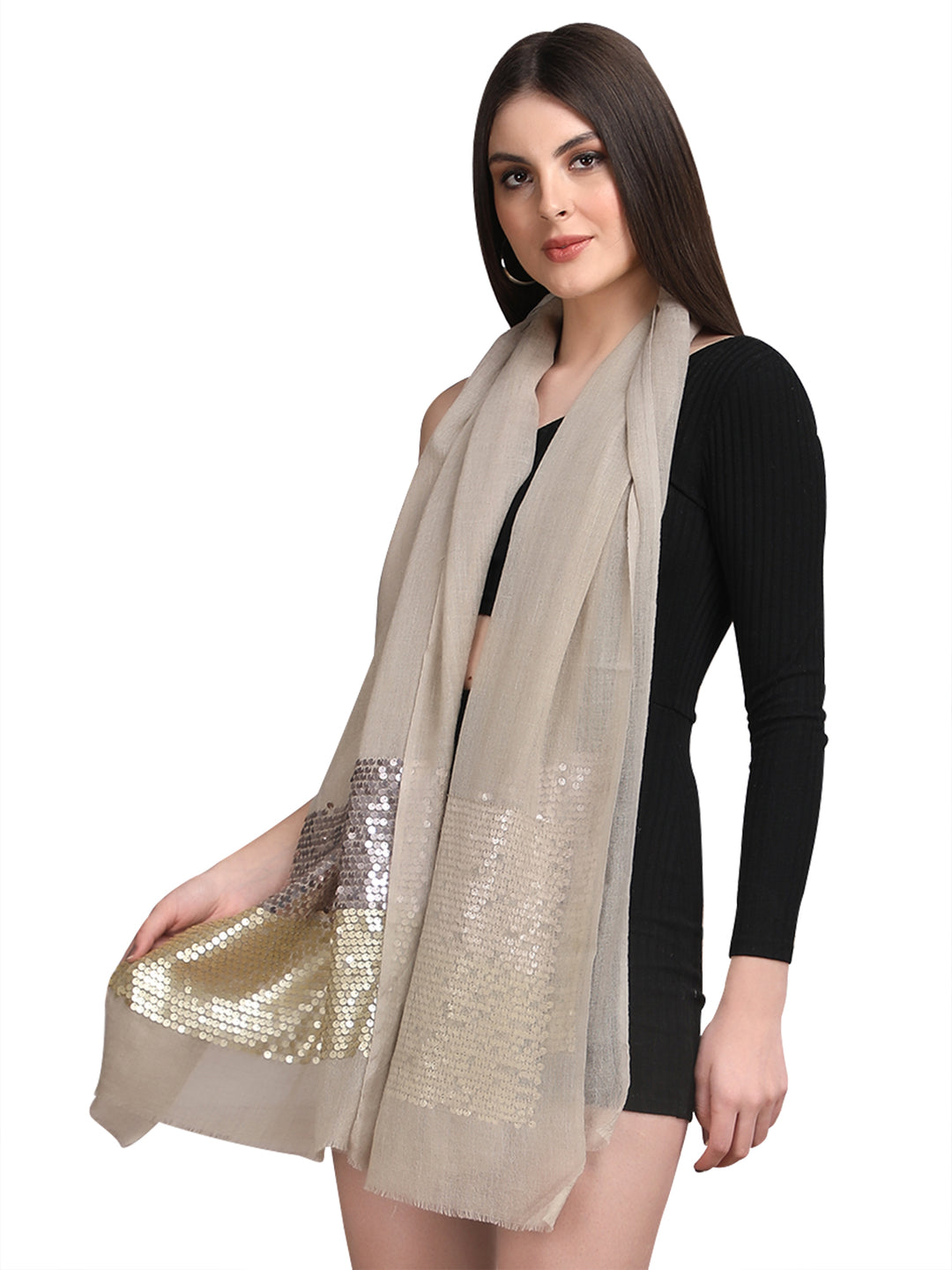 Beige Sequin Border 100% Fine Wool Stole - 398