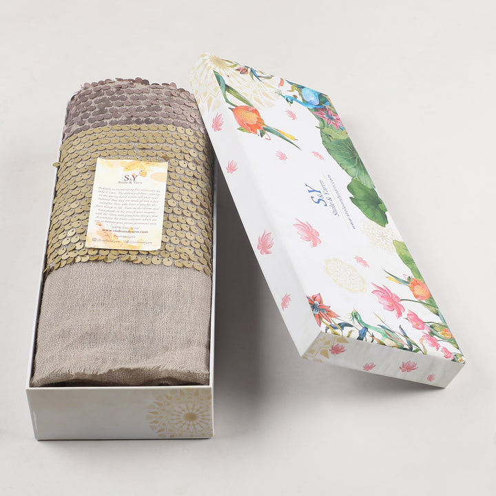 Beige Sequin Border 100% Fine Wool Stole - 398