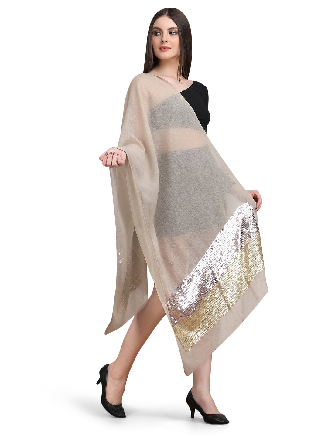 Beige Sequin Border 100% Fine Wool Stole - 398