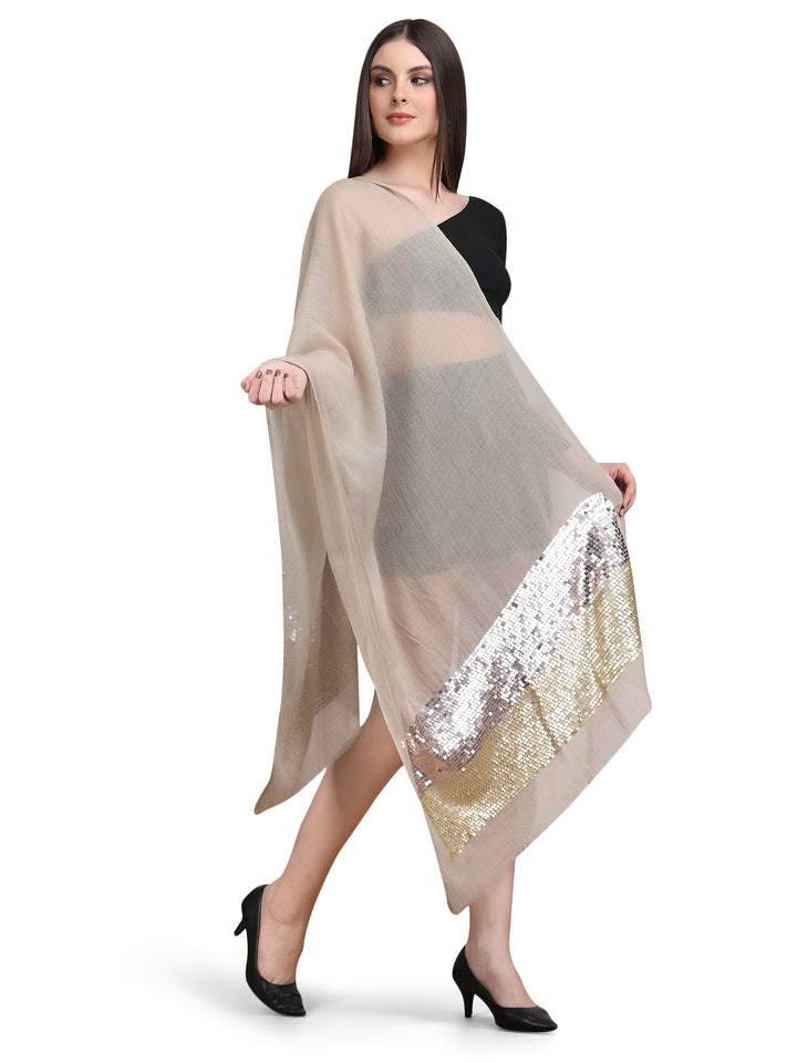 Beige Sequin Border 100% Fine Wool Stole - 398