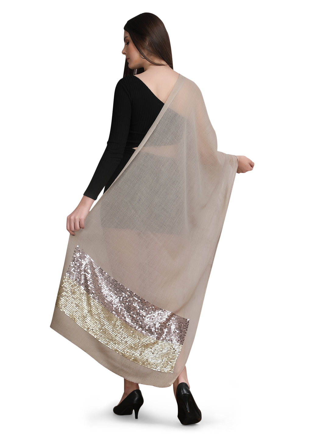 Beige Sequin Border 100% Fine Wool Stole - 398