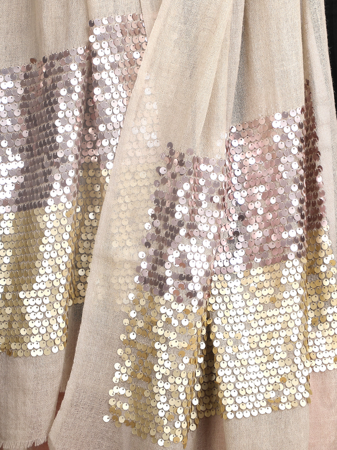 Beige Sequin Border 100% Fine Wool Stole - 398