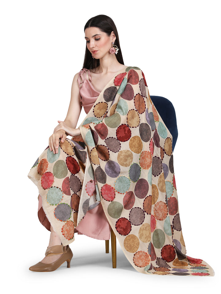 Cream Cosmo Circles 100% Fine Wool Stole - 400