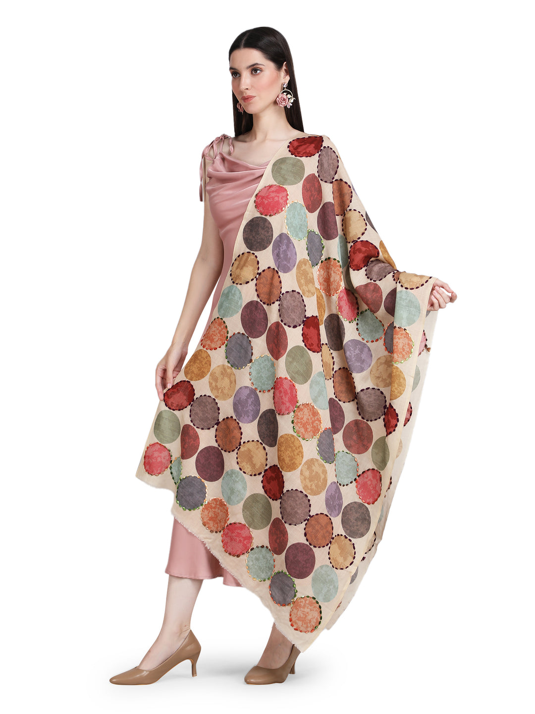Cream Cosmo Circles 100% Fine Wool Stole - 400