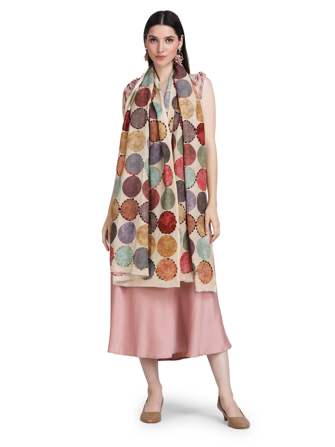 Cream Cosmo Circles 100% Fine Wool Stole - 400