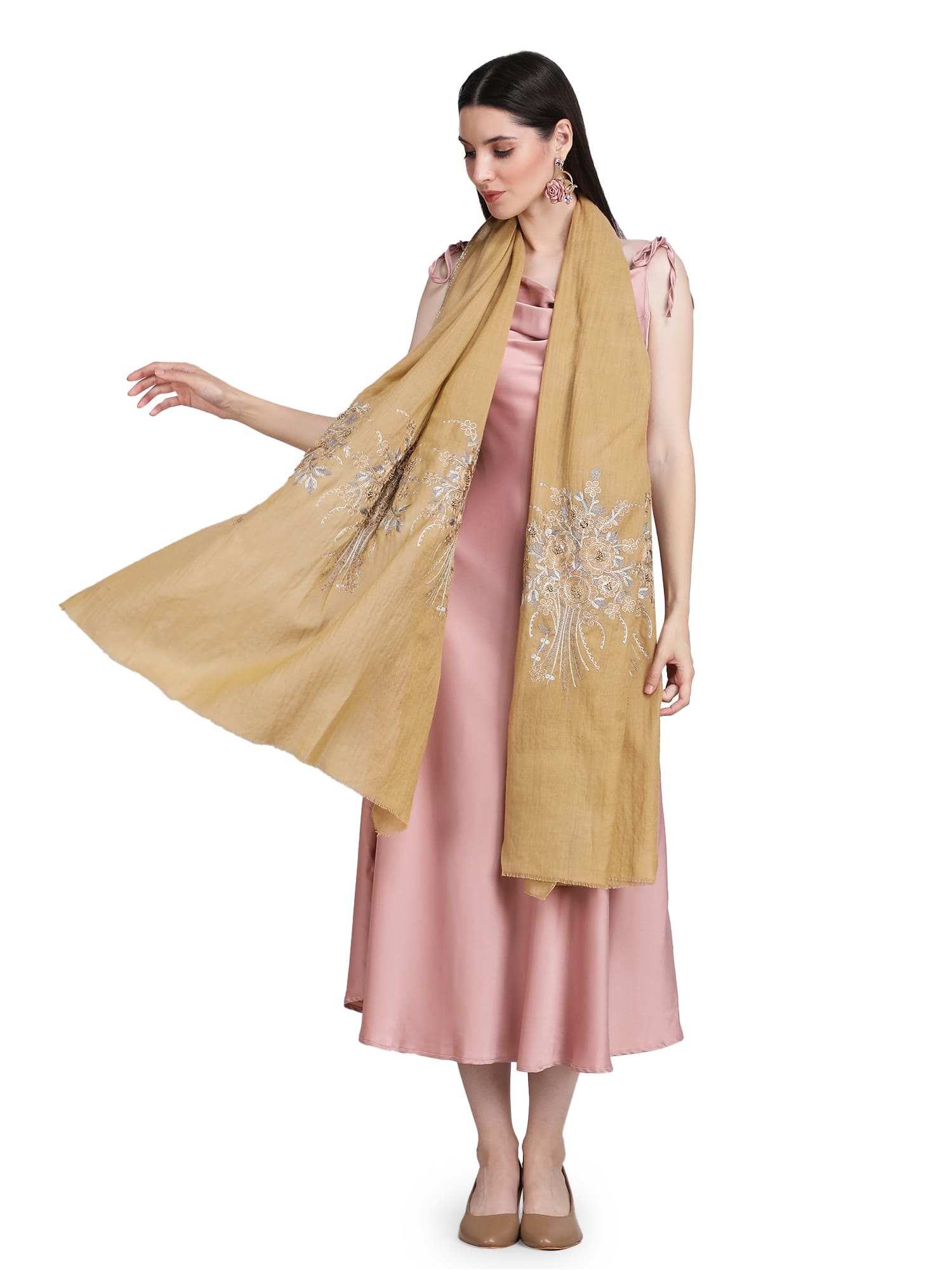 Mustard Floral Boquet 100% Fine Wool Stole - 401