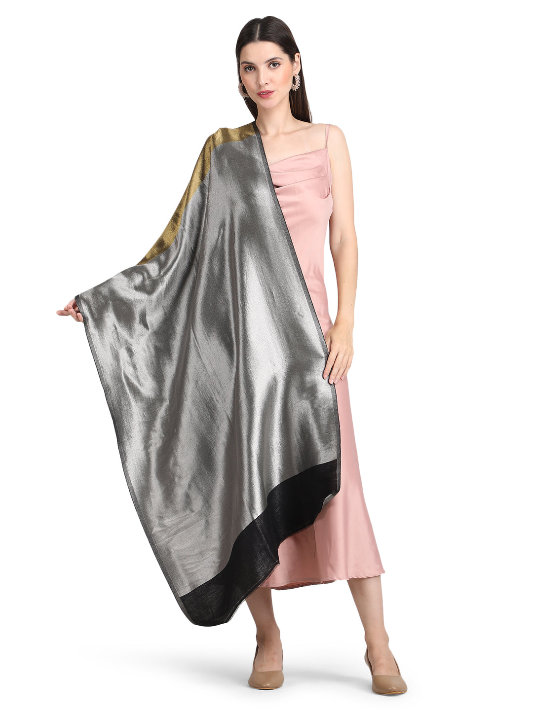 Silver & Gold Zari Reversible Stole- 403 - Black