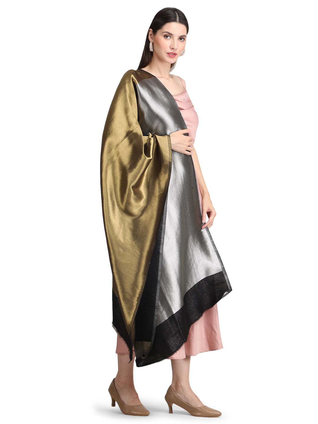 Silver & Gold Zari Reversible Shawl- 151 - Black