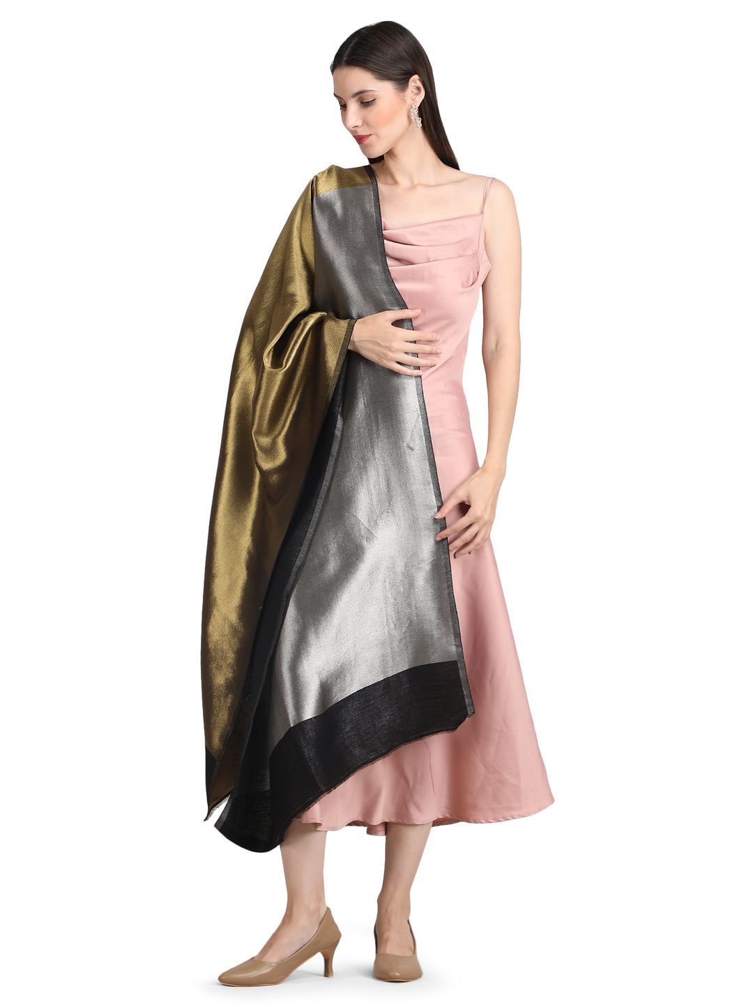 Silver & Gold Zari Reversible Stole- 403 - Black