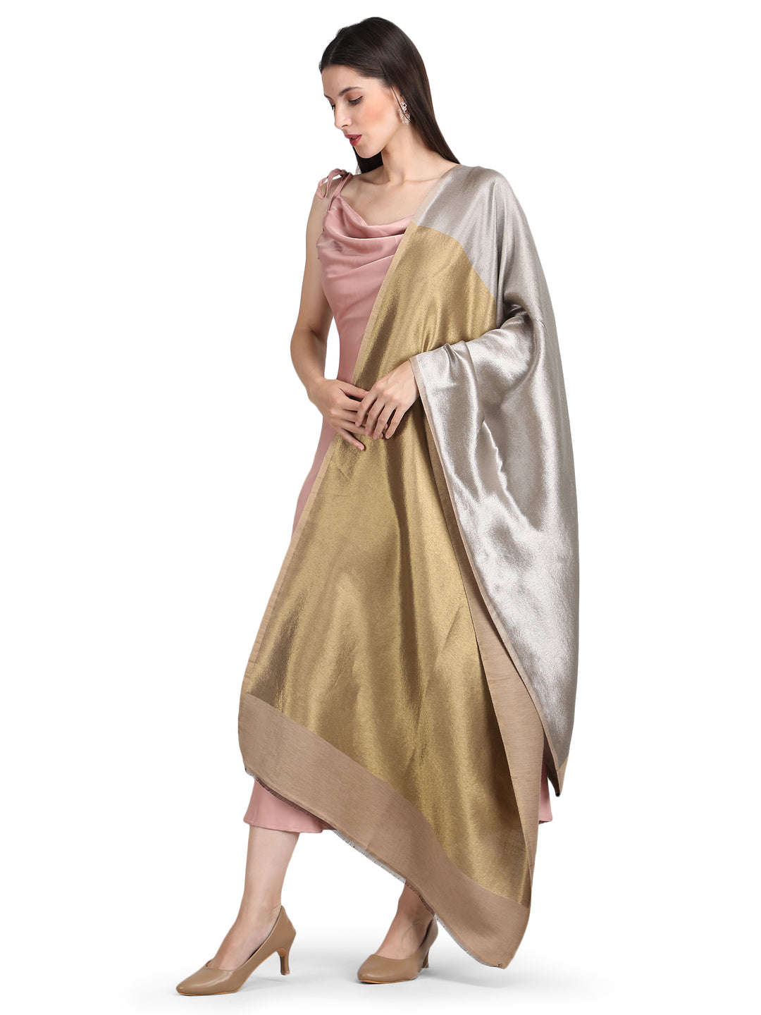 Silver & Gold Zari Reversible Shawl- 152 - Beige