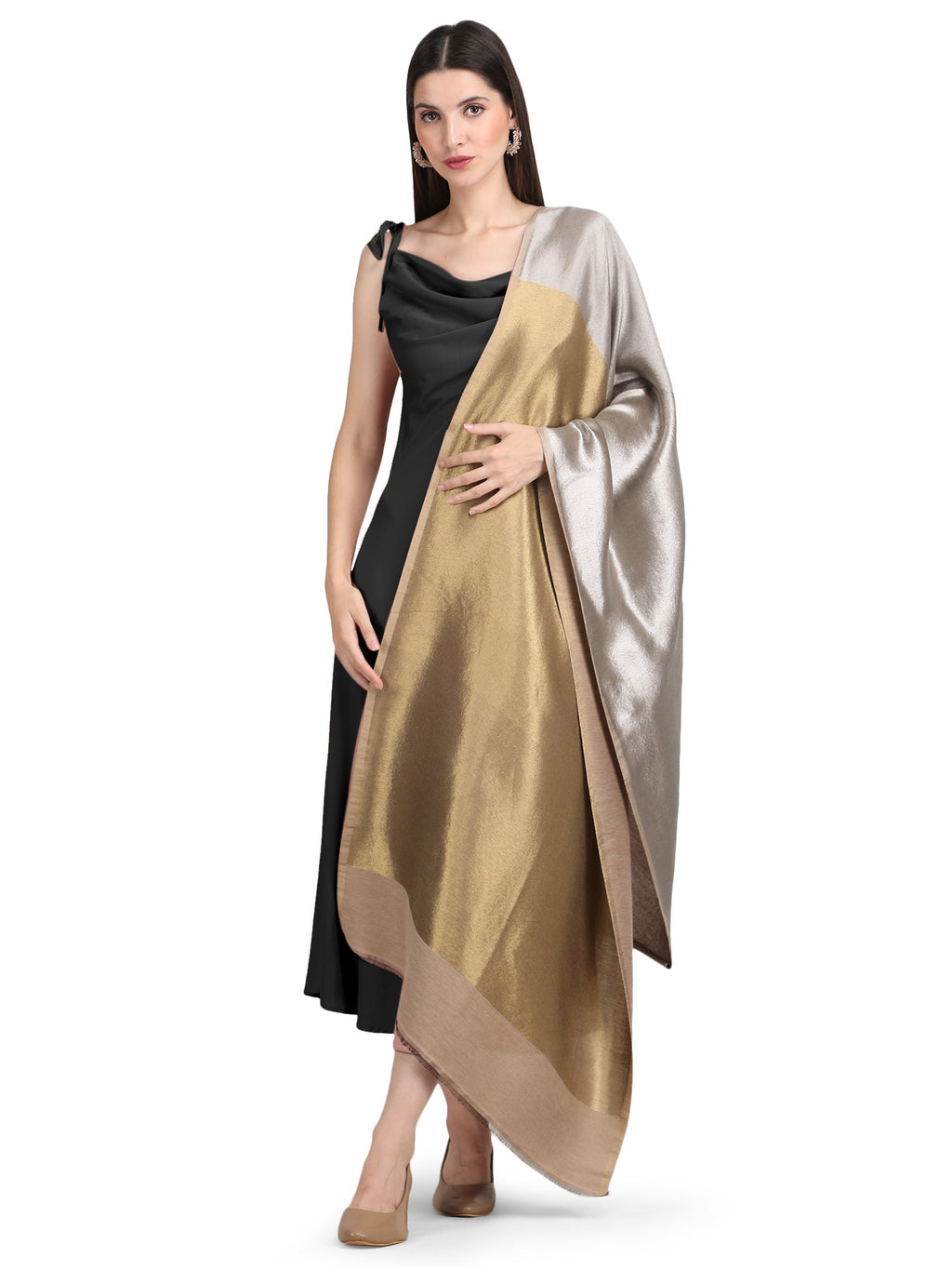 Silver & Gold Zari Reversible Shawl- 152 - Beige