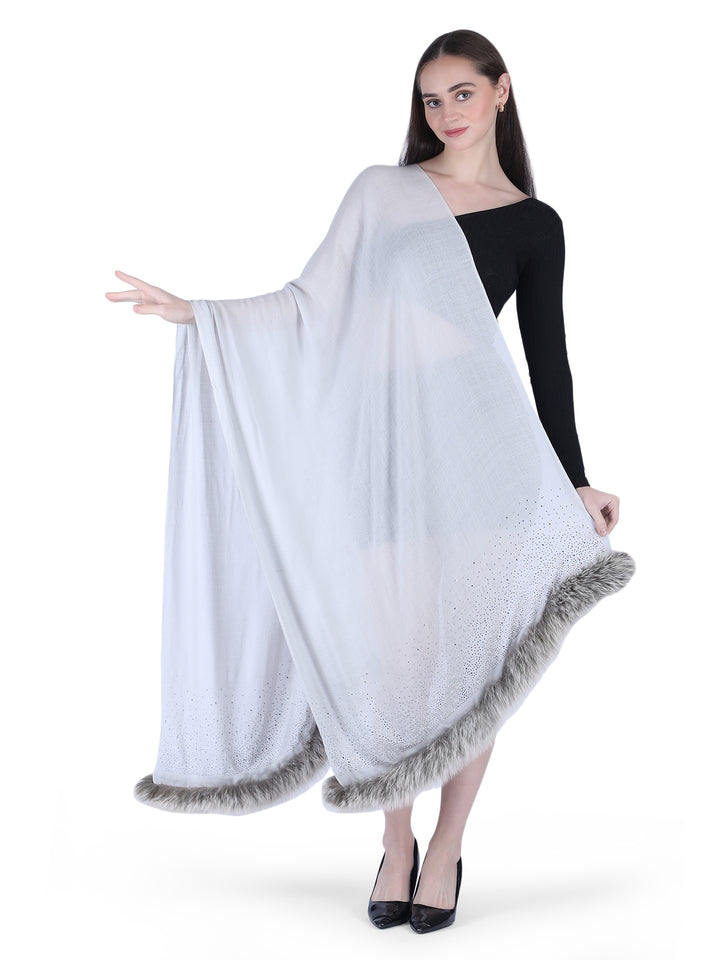 Fur & Crystal Fine Wool Stole - Light Grey - 407